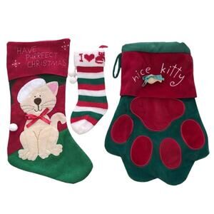 Christmas Cat Stockings Lot Of 3 Felt Knit Velour Kitty‎ Paw Holiday